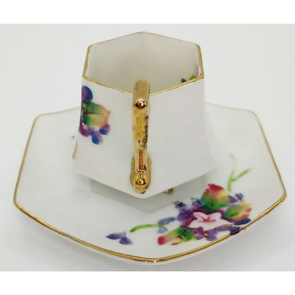 Japanese Miniature Demitasse Teacup And Saucer Floral Gold Tone Trim Hexagonal